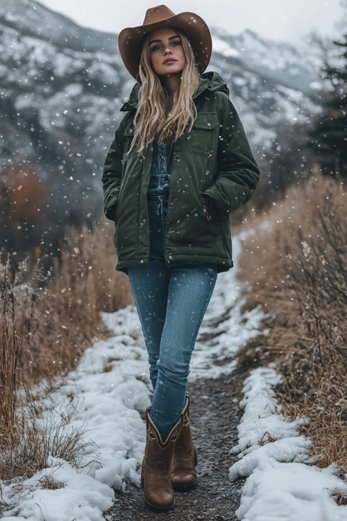 a woman wears a green coat,jeans and brown cowboy boots