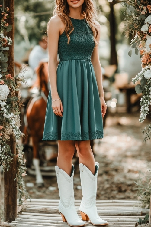 a woman wears a green dress and white cowboy boots