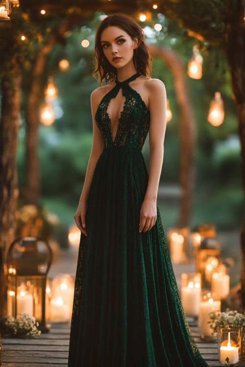 a woman wears a green high neck wedding guest dress with a keyhole neckline