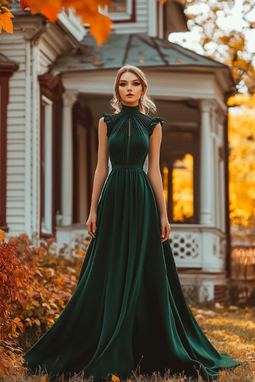 a woman wears a green high neck wedding guest dress