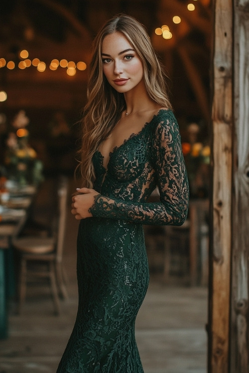 a woman wears a green lace wedding guest dress with long sleeves