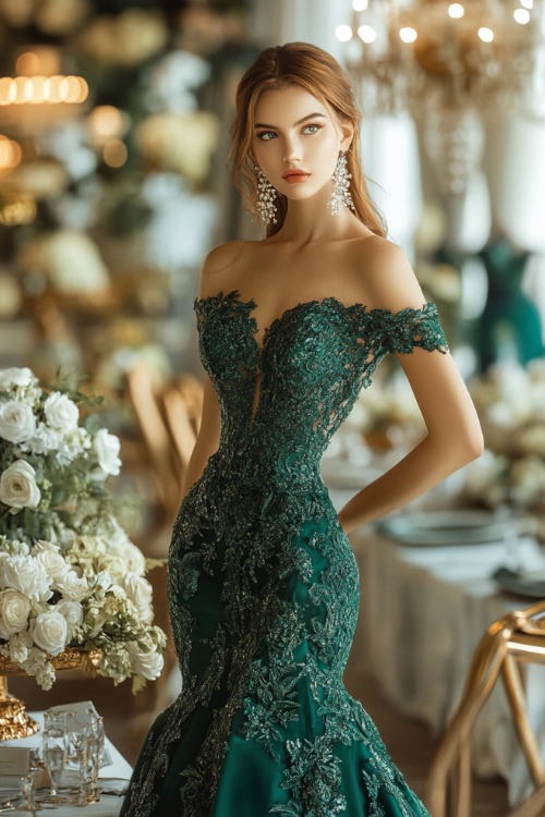 a woman wears a green lace wedding guest dress