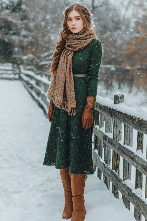 a woman wears a green long sweater dress as a wedding guest dress with a brown scarf and brown boots