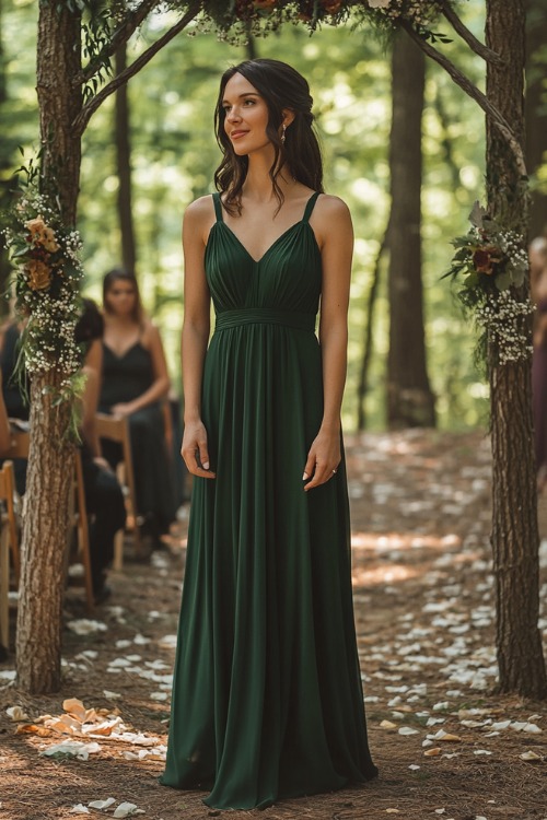 a woman wears a green pleated wedding guest dress with thin straps