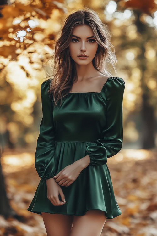 a woman wears a green satin mini wedding guest dress with square neckline