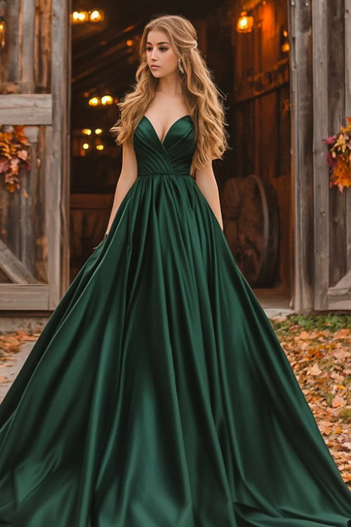 a woman wears a green satin wedding guest dress with a flowing skirt