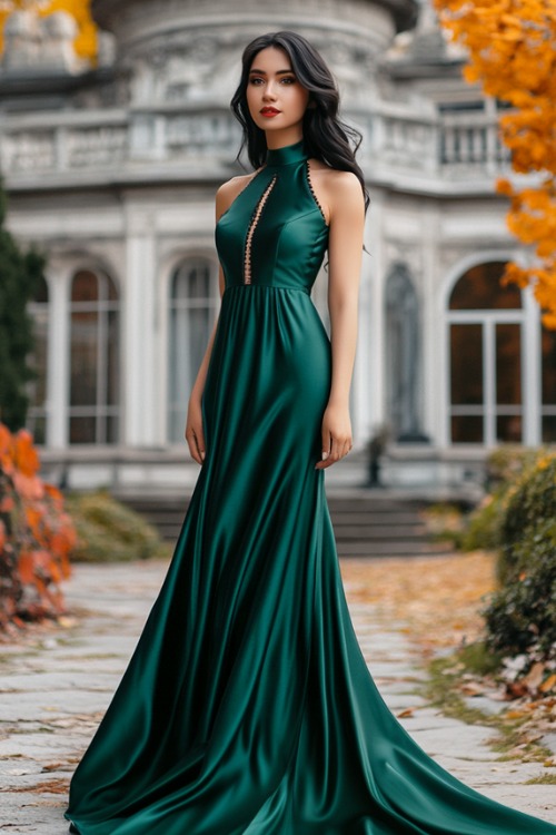 a woman wears a green satin wedding guest dress with a halter neck