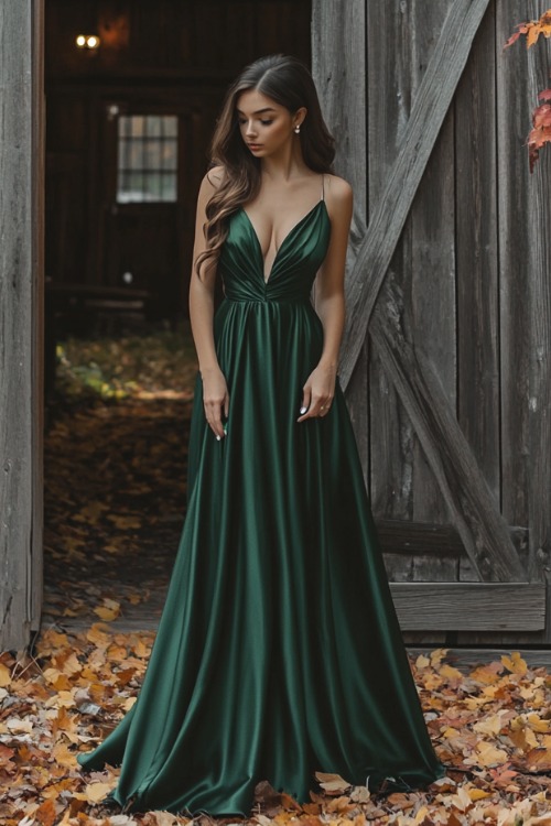 a woman wears a green satin wedding guest dress with a plunging neckline