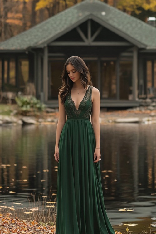 a woman wears a green sleeveless wedding guest dress with a lace bodice