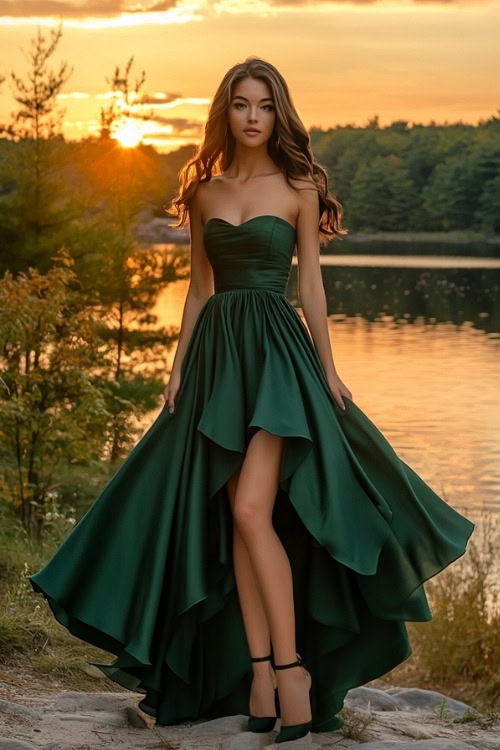 a woman wears a green strapless high-low wedding guest dress with matching heels