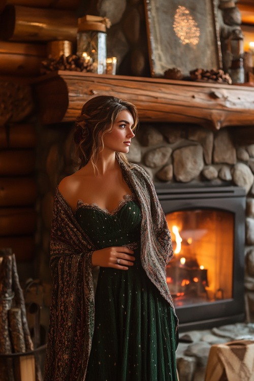 a woman wears a green strapless wedding guest dress with a gray shawl