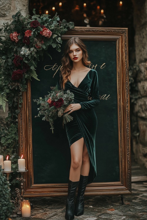 a woman wears a green velvet wedding guest dress with black boots