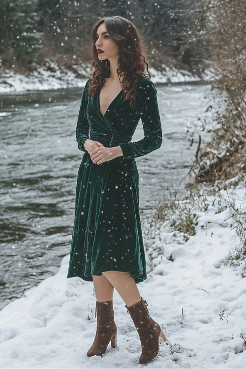 a woman wears a green velvet wedding guest dress with long sleeves and brown ankle boots