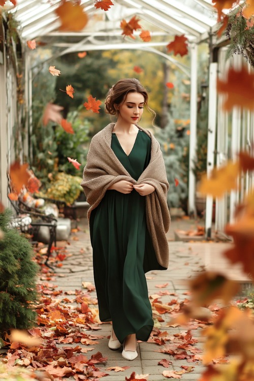 a woman wears a green wedding guest dress with a beige shawl