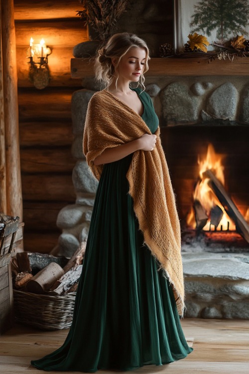 a woman wears a green wedding guest dress with a brown shawl (2)