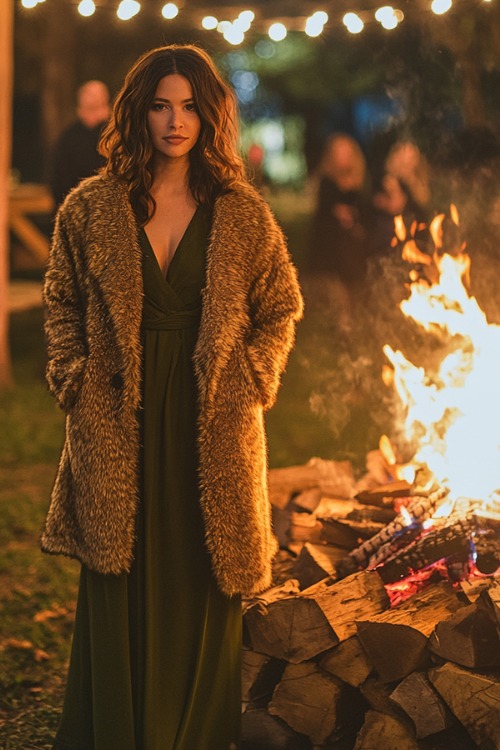 a woman wears a green wedding guest dress with a fur coat