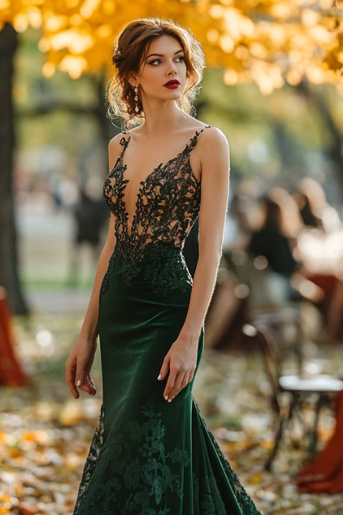 a woman wears a green wedding guest dress with a lace bodice