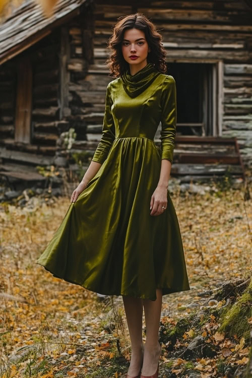 a woman wears a green wedding guest dress with long sleeves