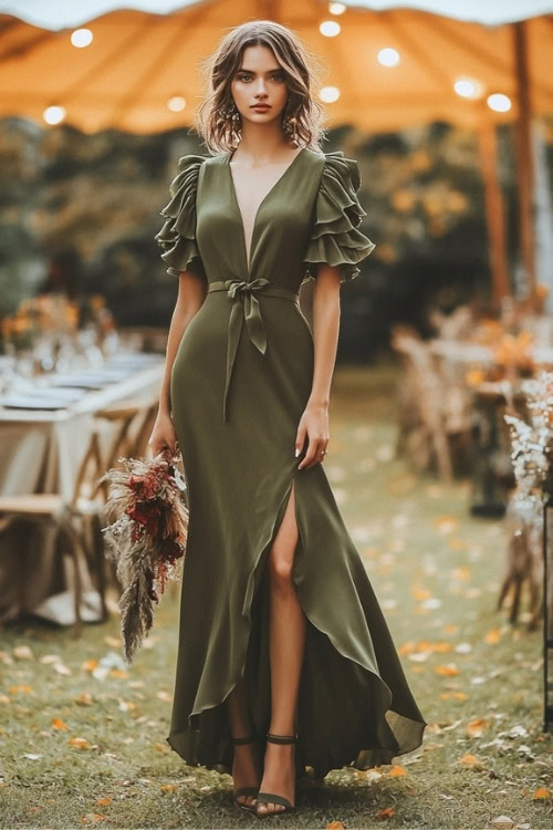 a woman wears a green wedding guest dress with ruffle sleeves and matching heels