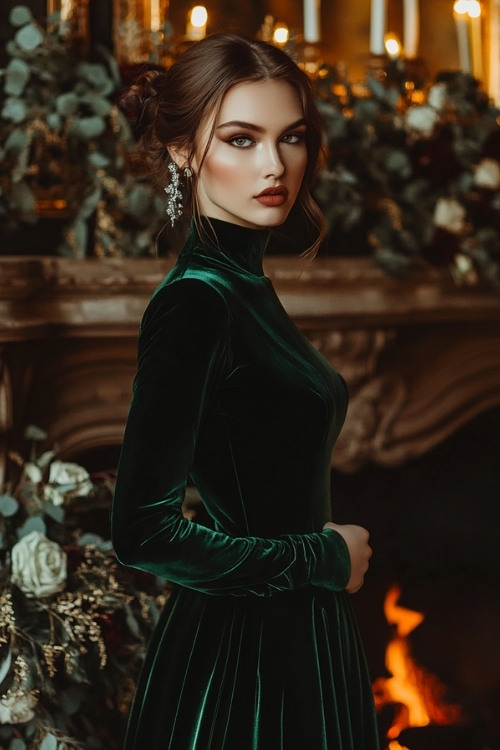 a woman wears a high neck green velvet wedding guest dress with long sleeves