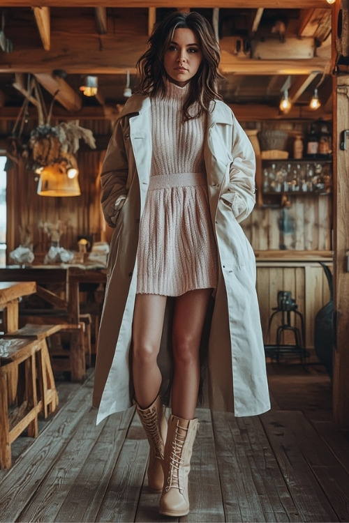 a woman wears a knit wedding guest dress with a long trench coat and beige boots