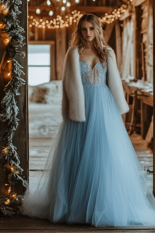 a woman wears a light blue wedding guest dress with a white fur coat