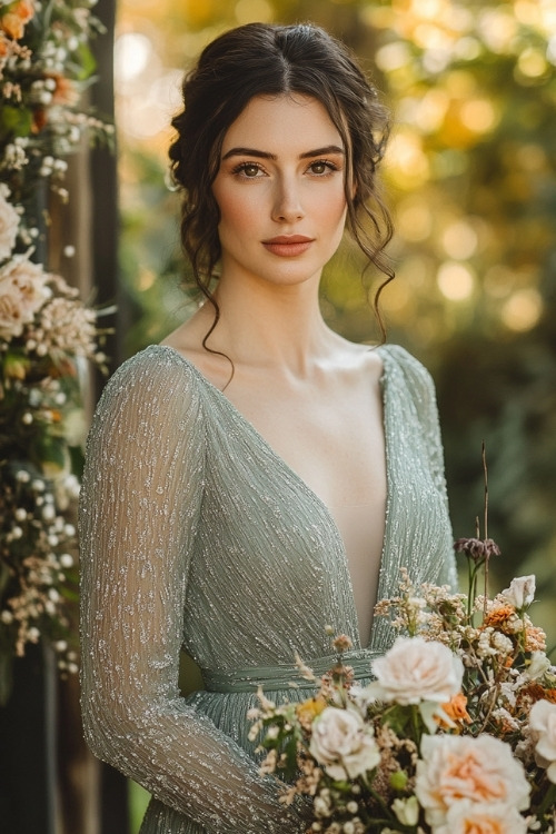 a woman wears a light green wedding guest dress with sheer sleeves