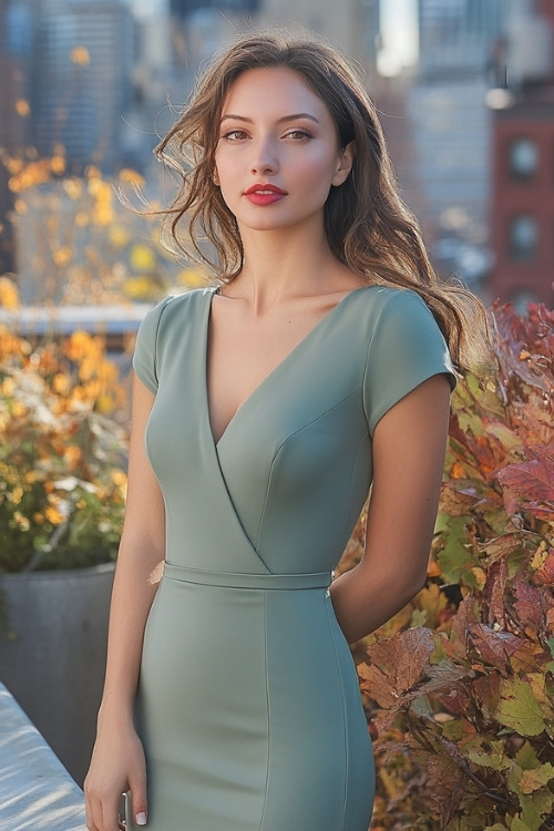 a woman wears a light green wrap wedding guest dress with cap sleeves