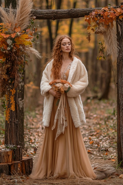 a woman wears a light orange wedding guest dress with a cream fur coat (2)