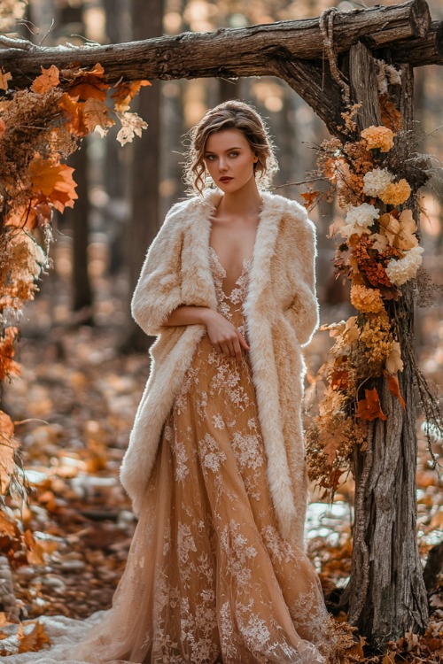 a woman wears a light orange wedding guest dress with a cream fur coat