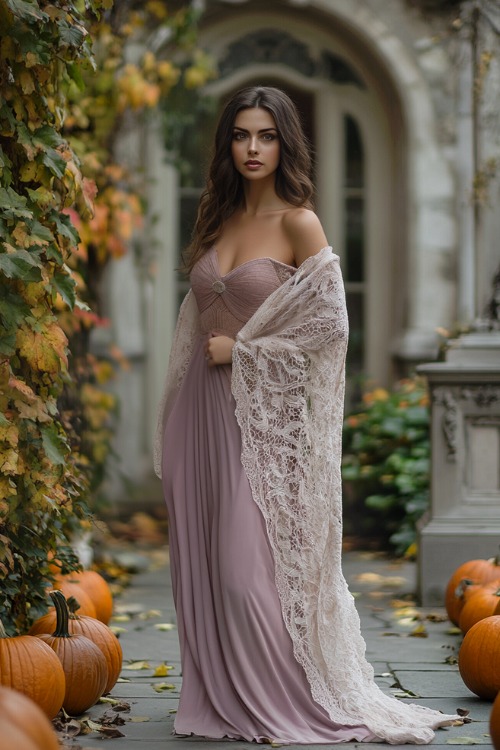 a woman wears a light purple wedding guest dress with a white lace shawl