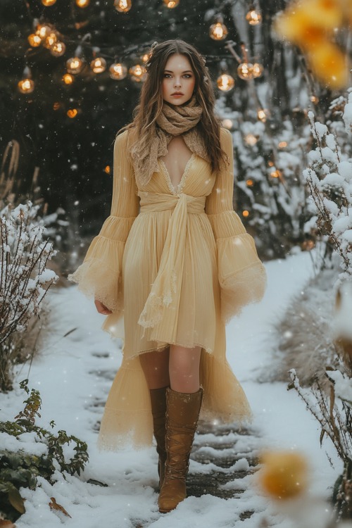 a woman wears a light yellow wedding guest dress with a dark cardigan and brown knee-high boots