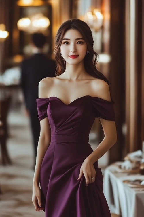 a woman wears a long plum off the shoulder wedding guest dress