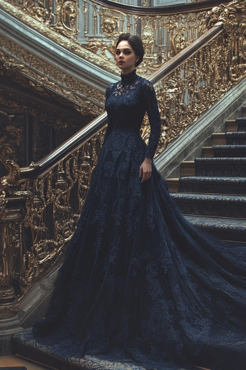 a woman wears a long purple lace wedding guest dress with long sleeves