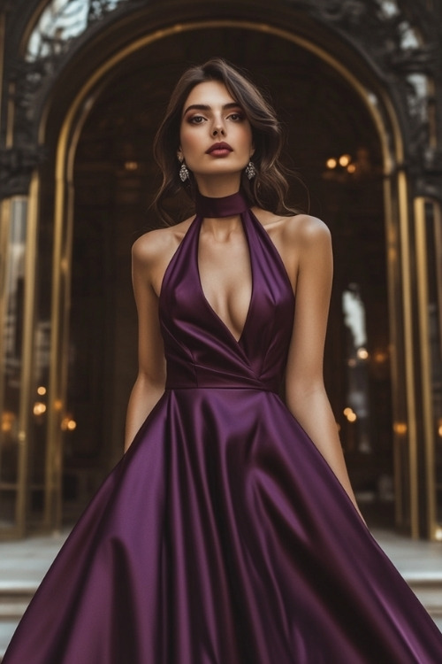 a woman wears a long purple wedding guest dress with a keyhole neckline