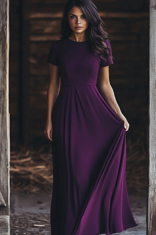 a woman wears a long purple wedding guest dress with short sleeves