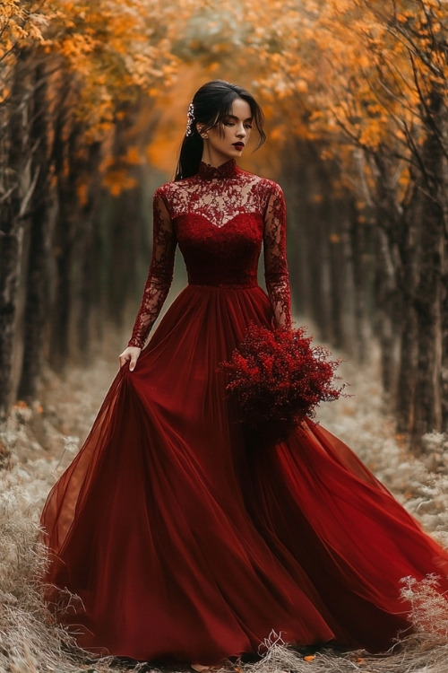 a woman wears a long red wedding guest dress with lace sleeves