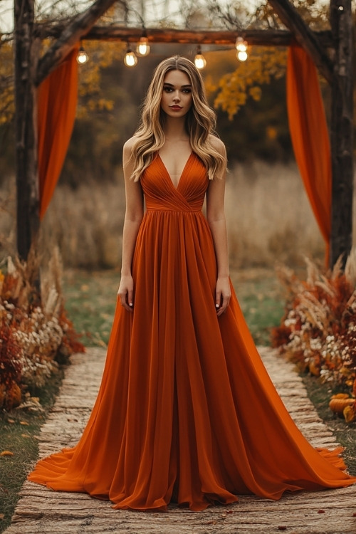 a woman wears a long rust wedding guest dress with a V neckline