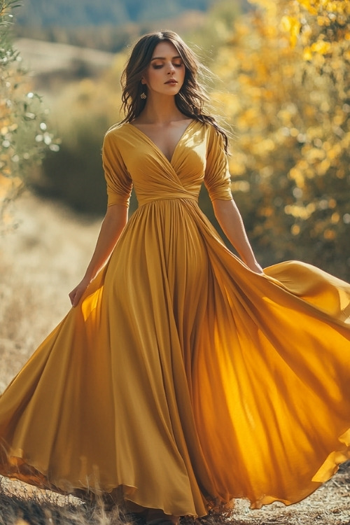 a woman wears a long yellow wedding guest dress with a wrap style