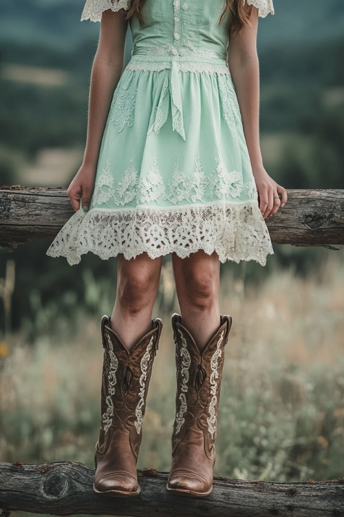 a woman wears a mint dress with a fringe trim and brown cowboy boots