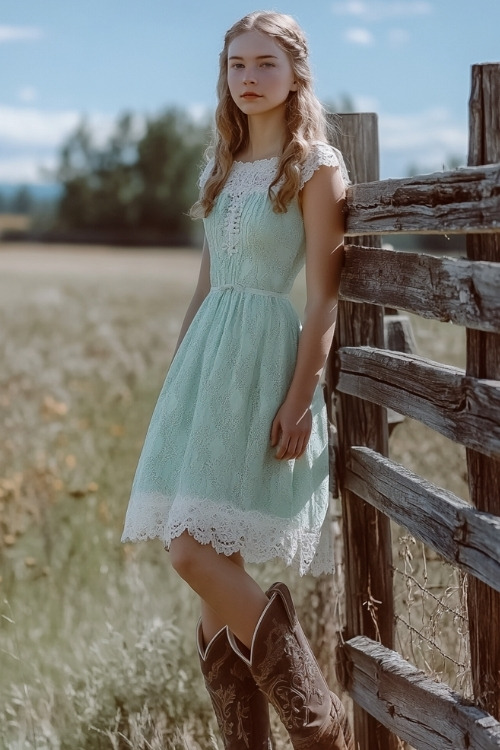 a woman wears a mint dress with a lace trim and brown cowboy boots