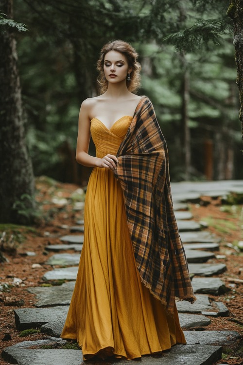 a woman wears a mustard wedding guest dress with a plaid shawl (2)