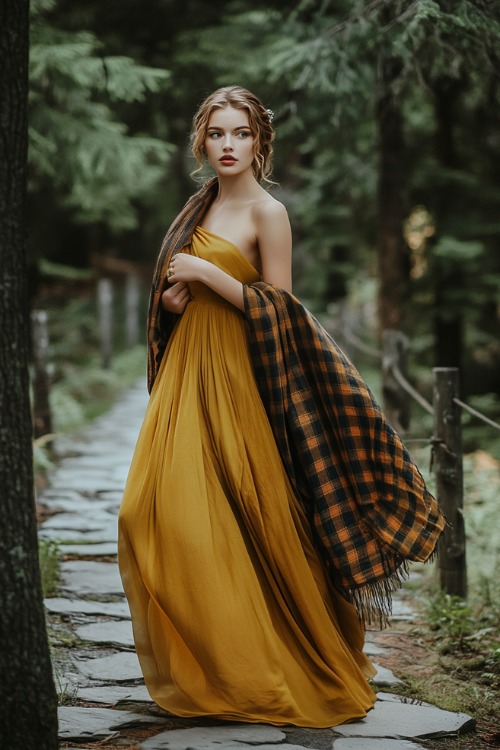 a woman wears a mustard wedding guest dress with a plaid shawl (3)