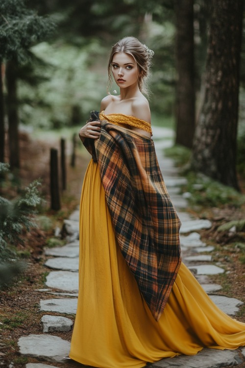 a woman wears a mustard wedding guest dress with a plaid shawl