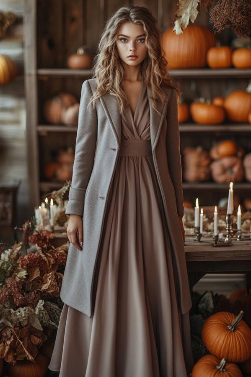 a woman wears a muted purple wedding guest dress with a light gray coat