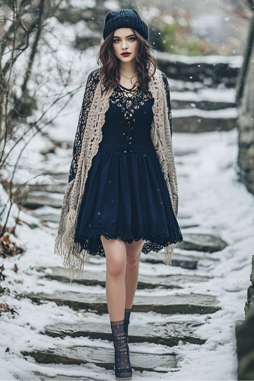 a woman wears a navy blue wedding guest dress with a matching coat and matching boots