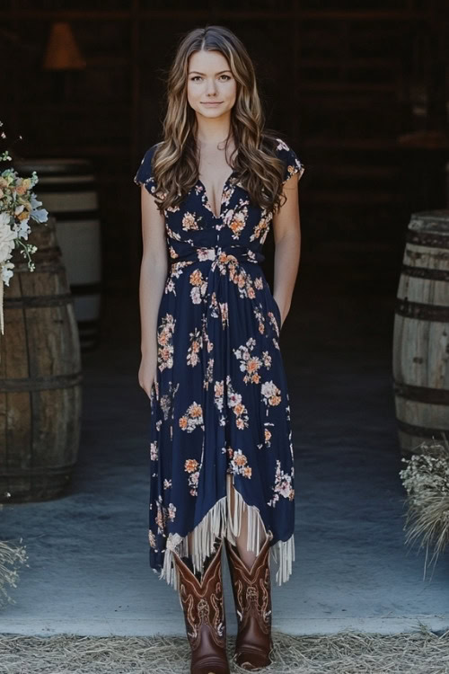 a woman wears a navy floral dress with a fringe hem and brown cowboy boots