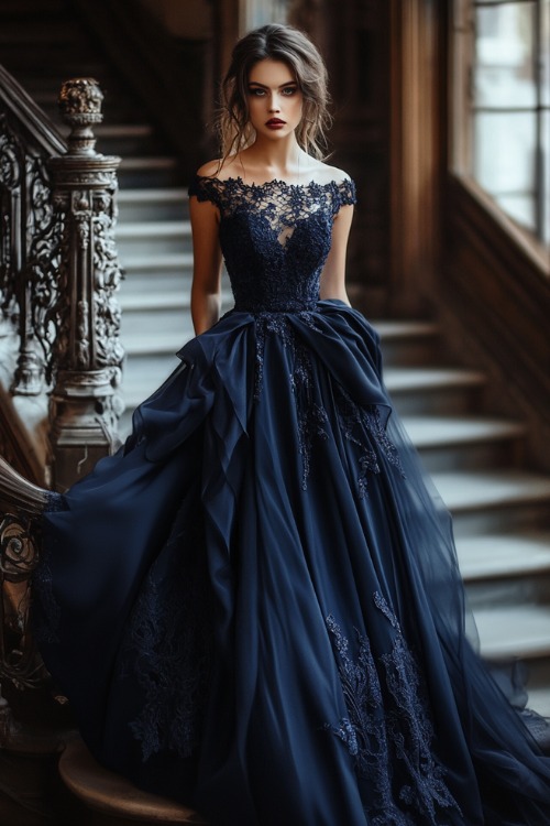 a woman wears a navy off the shoulder tulle wedding guest dress