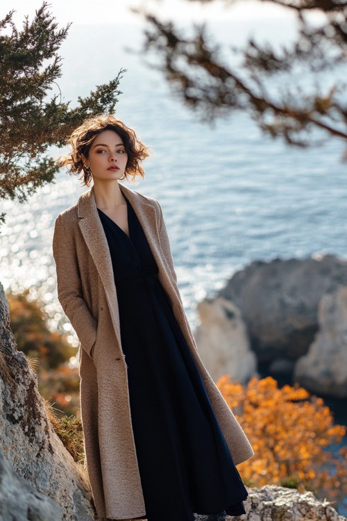 a woman wears a navy wedding guest dress with a beige coat