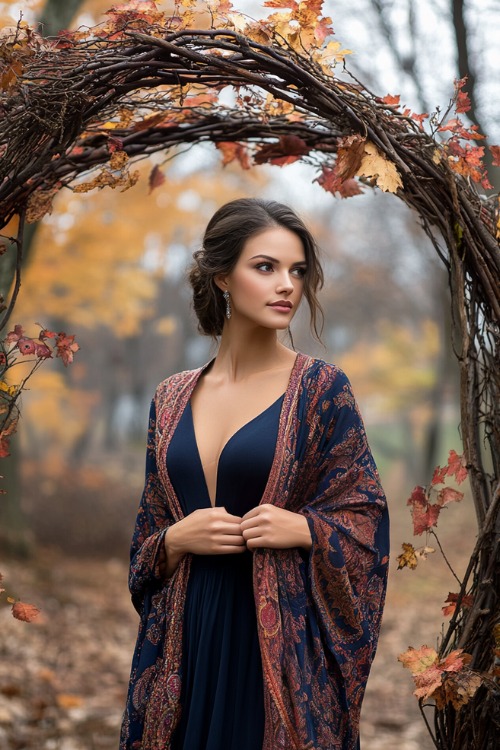 a woman wears a navy wedding guest dress with a matching boho shawl